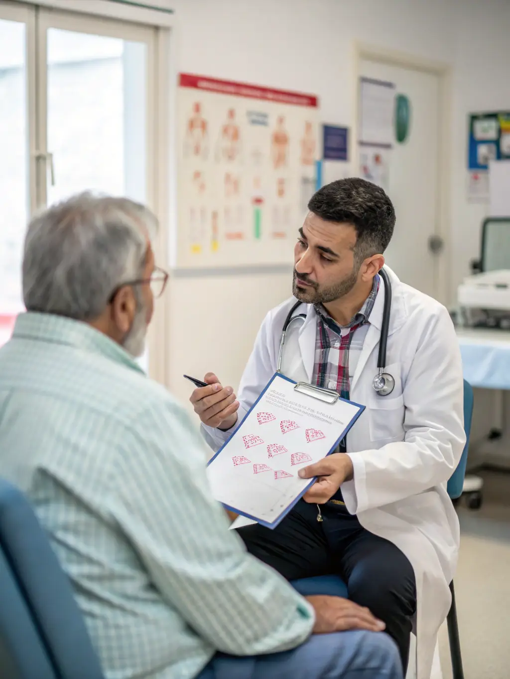 A CardioPulse physician leading an educational session for cardiac rehabilitation patients, discussing heart disease risk factors and prevention strategies.