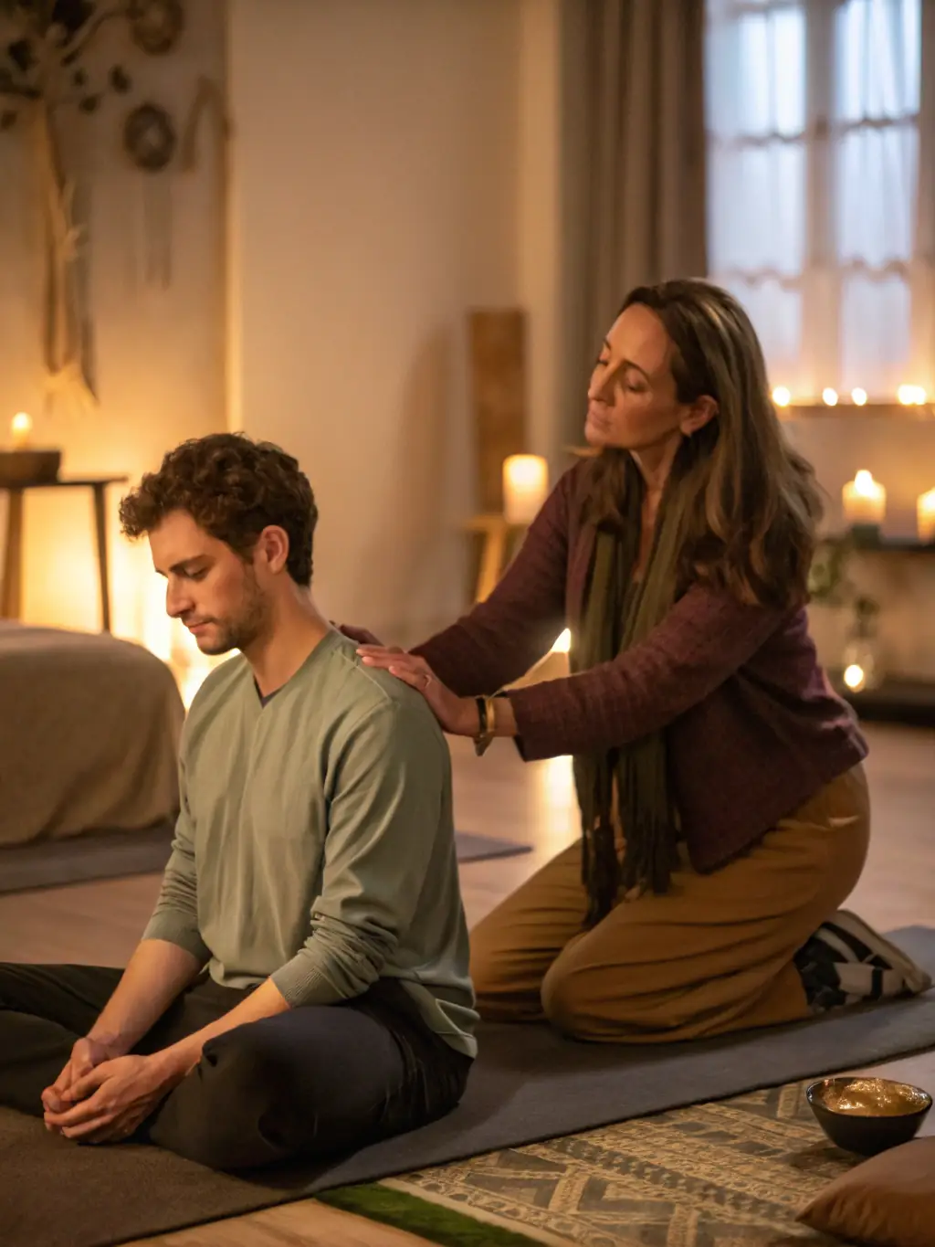A CardioPulse therapist leading a stress management and relaxation session for cardiac rehabilitation patients, promoting mental and emotional well-being.